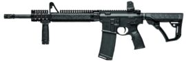 Daniel Defense DDM4 V1 rifle in black with 16 inch M4-profile barrel, DDM4 Rail 12.0 FSP and fixed rear sight, right side view